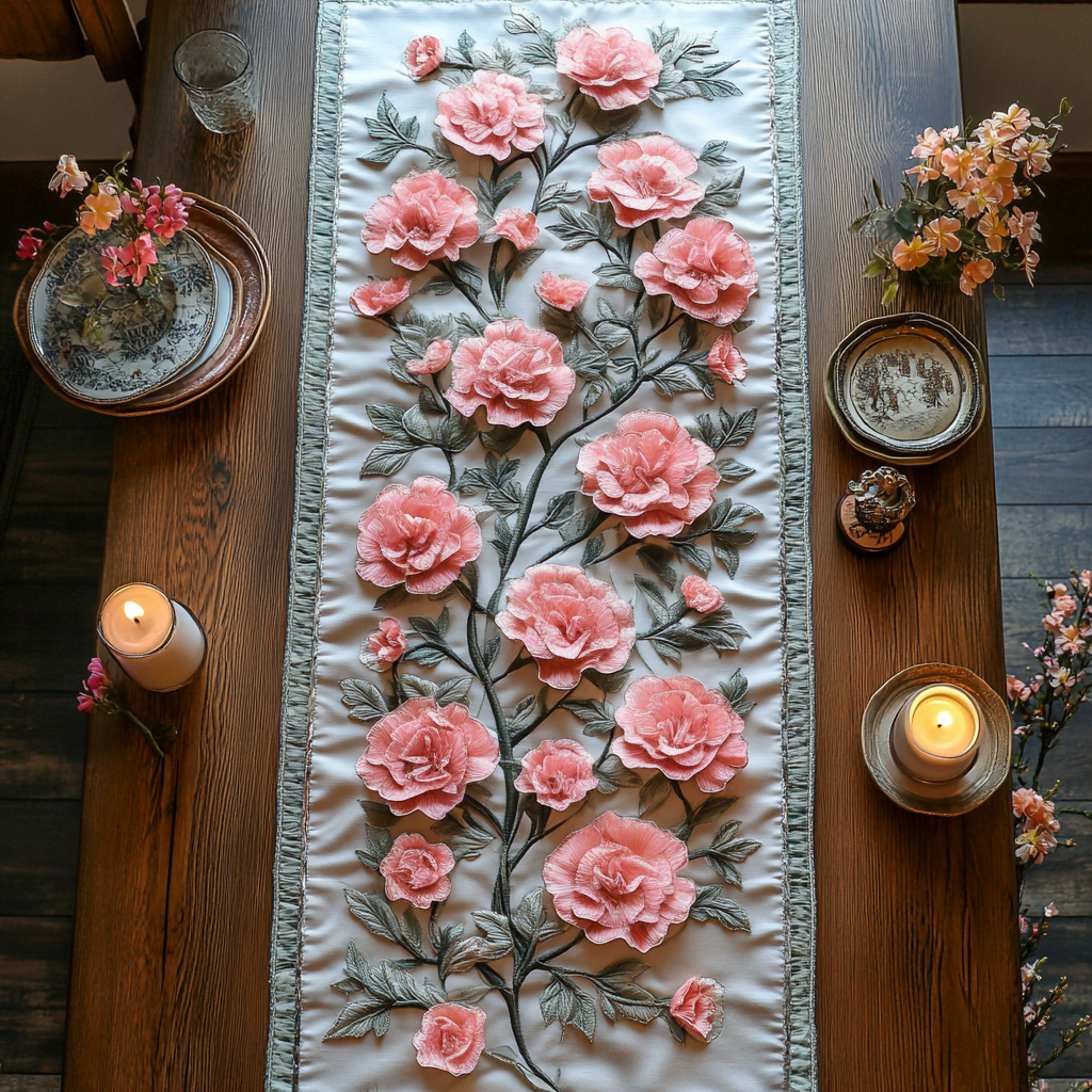 Carnation Dream Quilted Table Runner Holiday Dining Table Decor Best Gifts For Flower Lovers