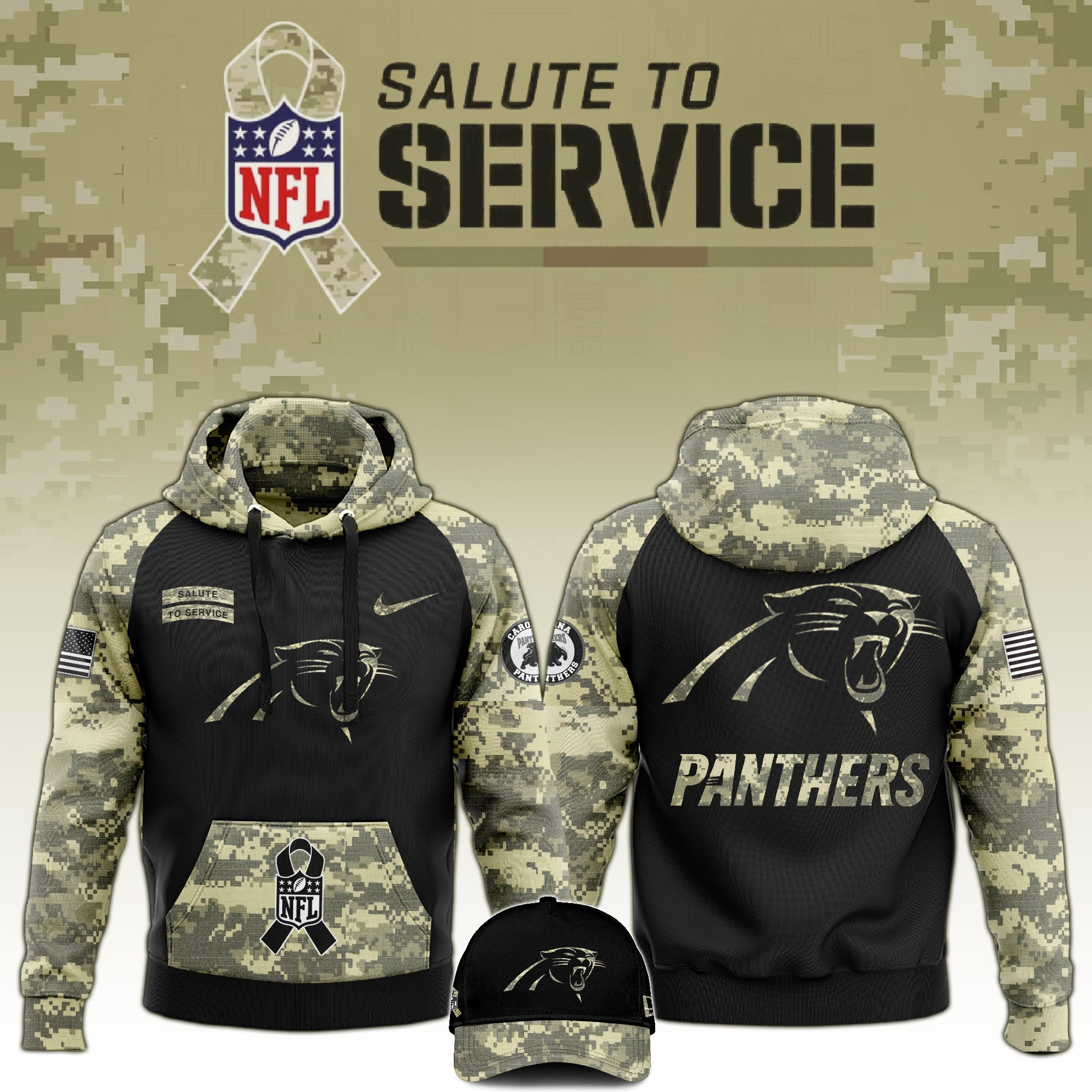 Carolina Panthers Salute to Service Club Camo Hoodie And Hat Unique Gift For Panthers Fans