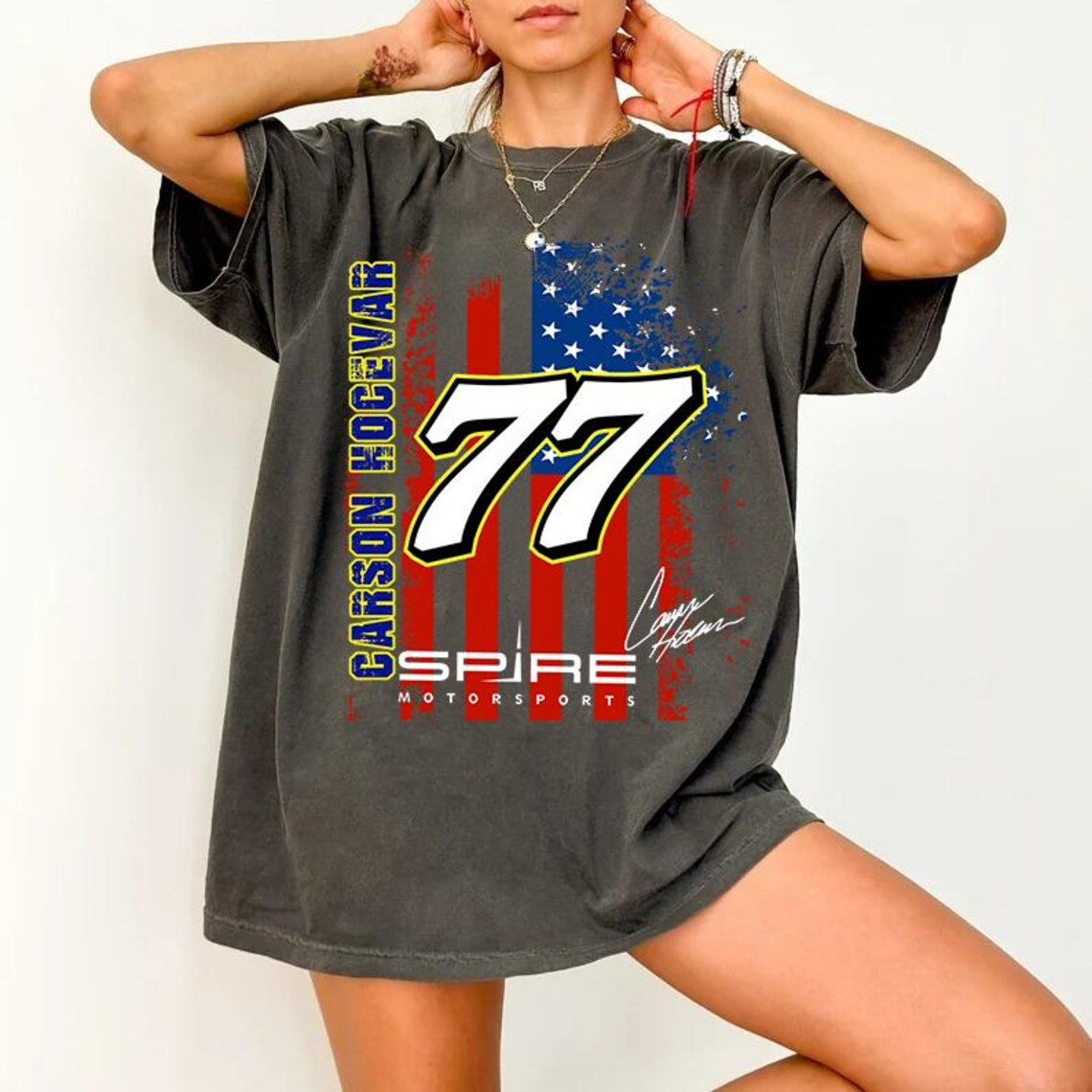 Carson Hocevar 77 Racing T-Shirt American Flag Tee Gift For Motorsport Addicts