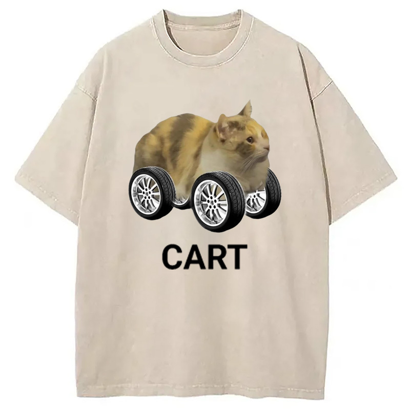 Cart Cat Meme Washed T-Shirt Soft Cotton Daily Wear Tee Gifts For Him