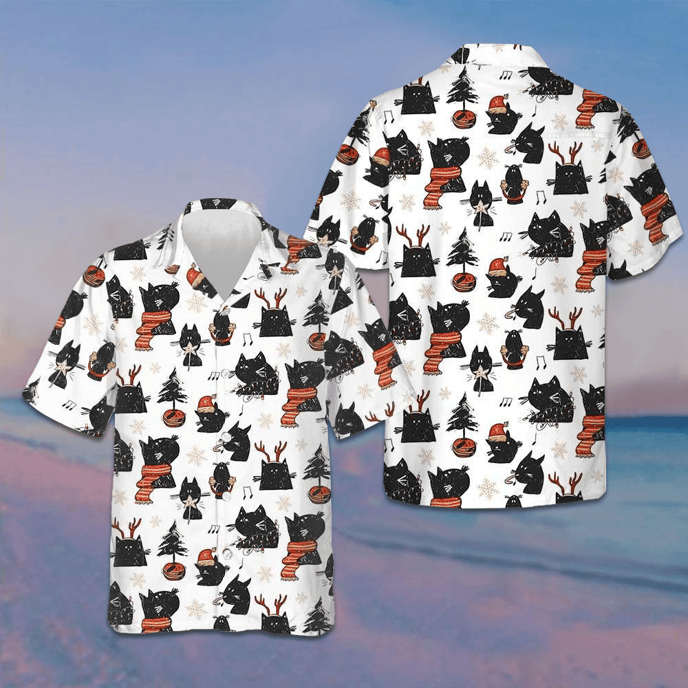 Cartoon Black Cat Merry Christmas Hawaiian Shirt Funny Xmas Cat Shirt Gifts For Cousin Cartoon Black Cat Merry Christmas Hawaiian Shirt Funny Xmas Cat Shirt Gifts For Cousin