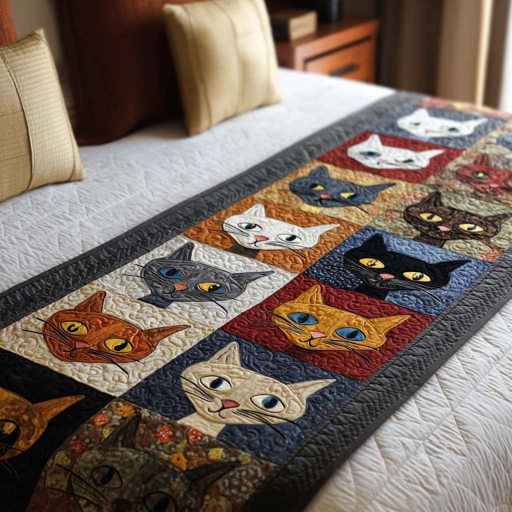 Cartoon Cats Quilted Bed Runner Bed Decor Cat Presents For Cat Lovers
