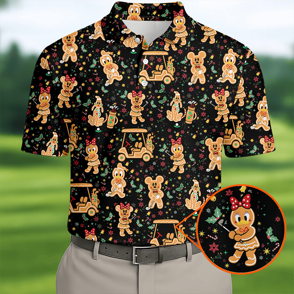 Cartoon Gingerbread Black Golf Shirt Christmas Golf Shirt Polo Shirts For Men Golf Gift For Men