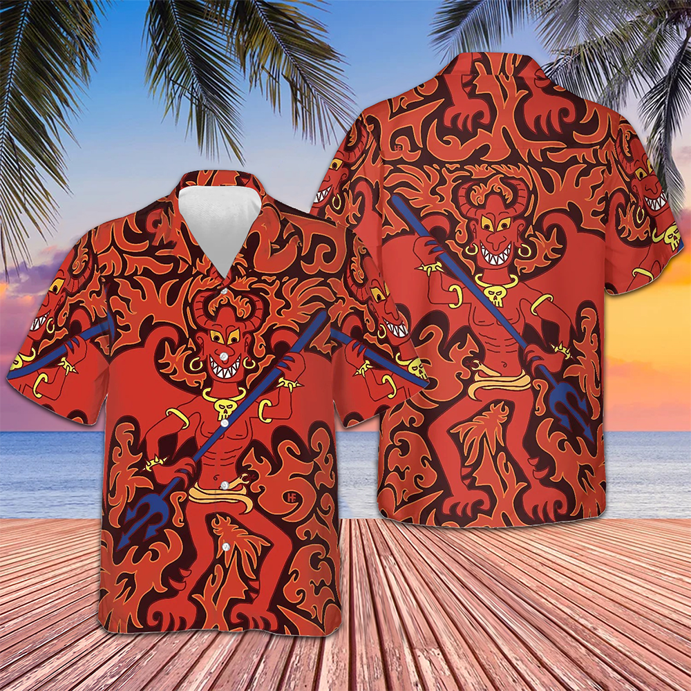 Cartoon Style Demon Satanic Goth Gothic Hawaiian Shirt Red Button Up Shirt Summer Gift Ideas