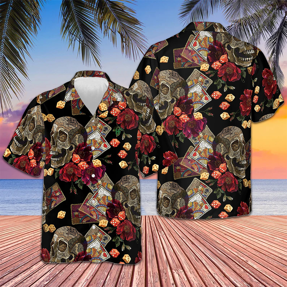 Casino Skull Colorful Hawaiian Shirt Mens Summer Short Sleeve Shirts Gifts For Casino Lovers