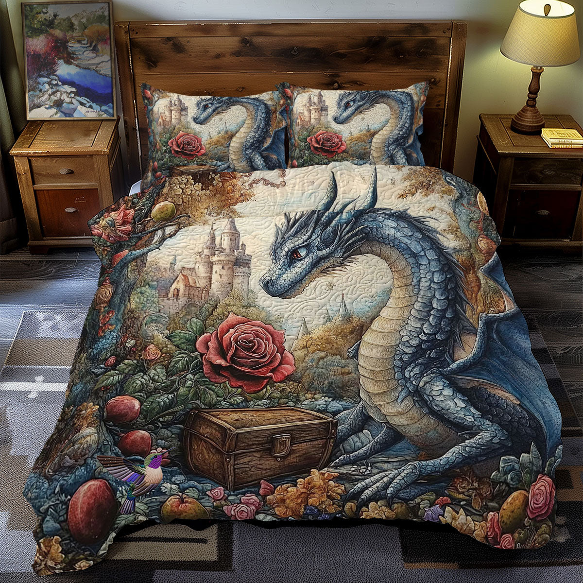Castle Of Dragon Quilted Bedding Set Duvet Cover Bedspread Bedroom Decor Presents For Men