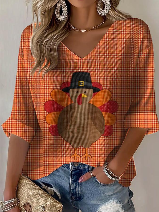 Casual Turkey V-Neck Long Sleeve Rustic Autumn Apparel Cool Thanksgiving Gifts