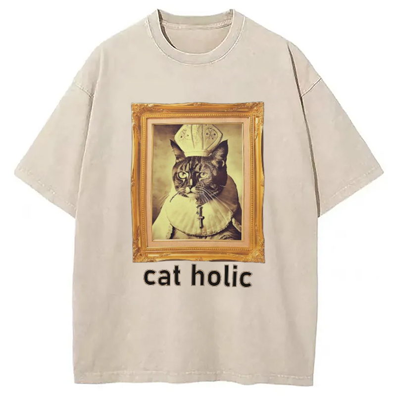 Cat A Holic Washed T-Shirt Minimal Retro Graphic Clothing Gifts For BFF