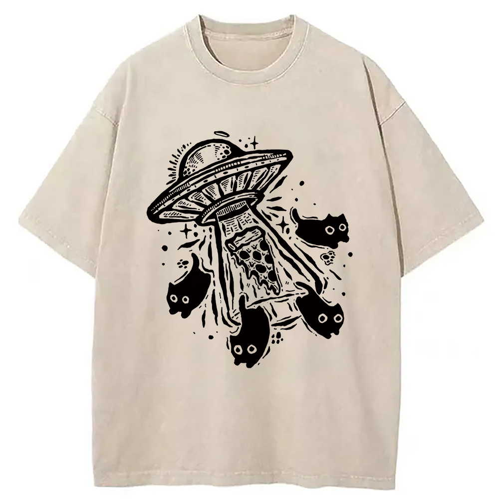 Cat Alien Mushrooms Washed T-Shirt Minimal Retro Graphic Clothing Gifts For Sister