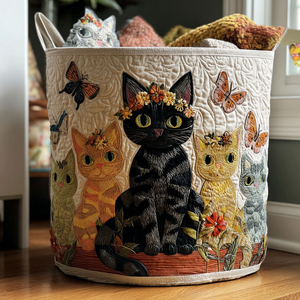 Cat Among Flowers Quilted Laundry Basket Soft Quilted Laundry Basket for Daily Home Use