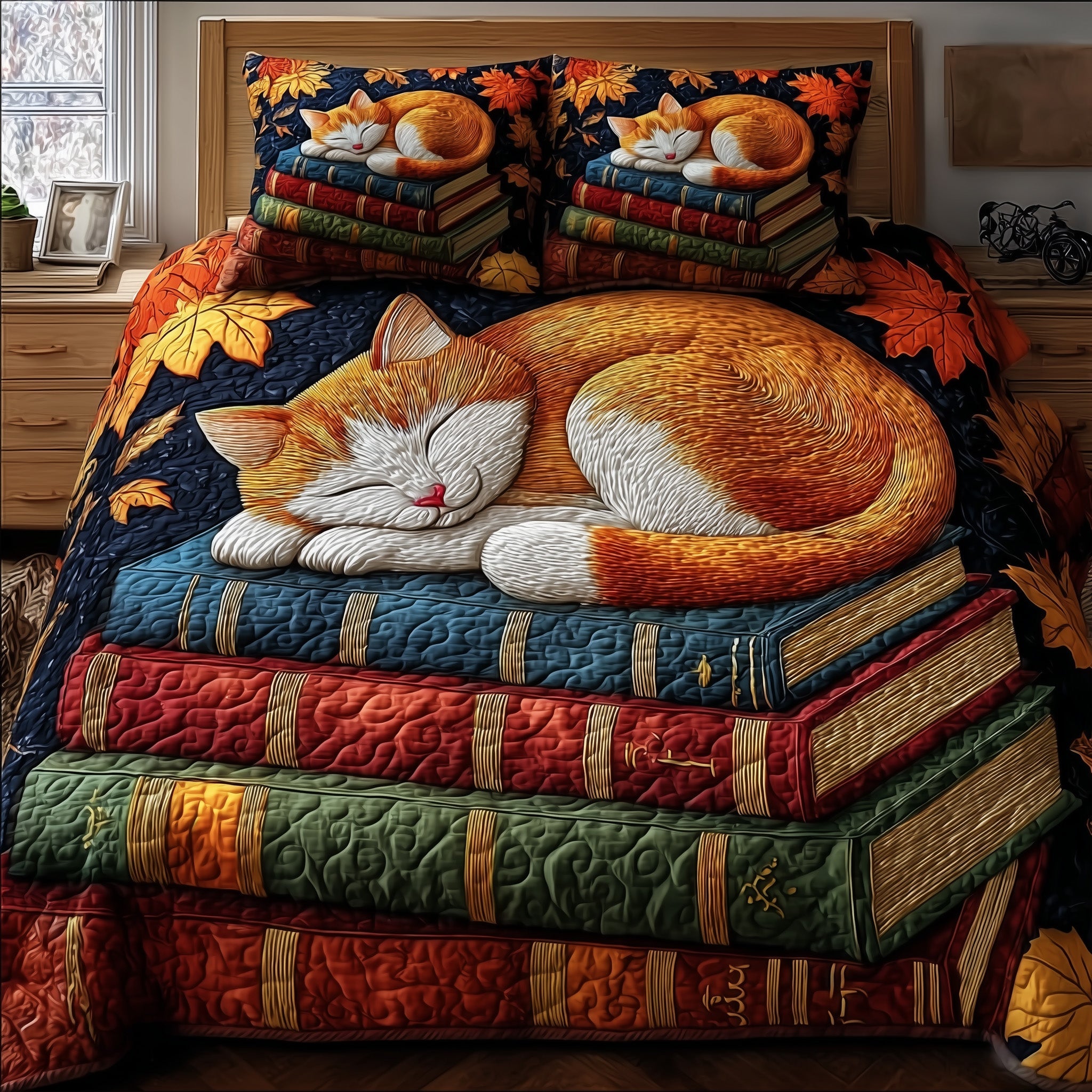 Cat and Book Quilted Bedding Set Duvet Cover Bedspread Things For Cat Lovers
