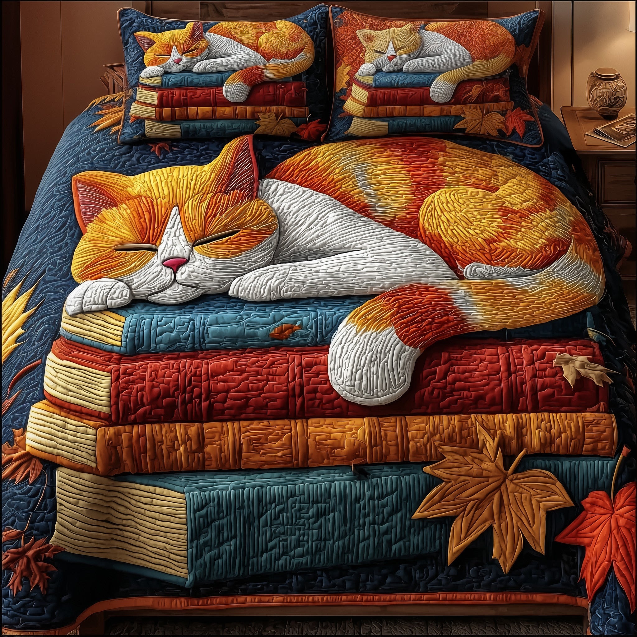 Cat And Book Quilted Bedding Set Geometrical Pattern