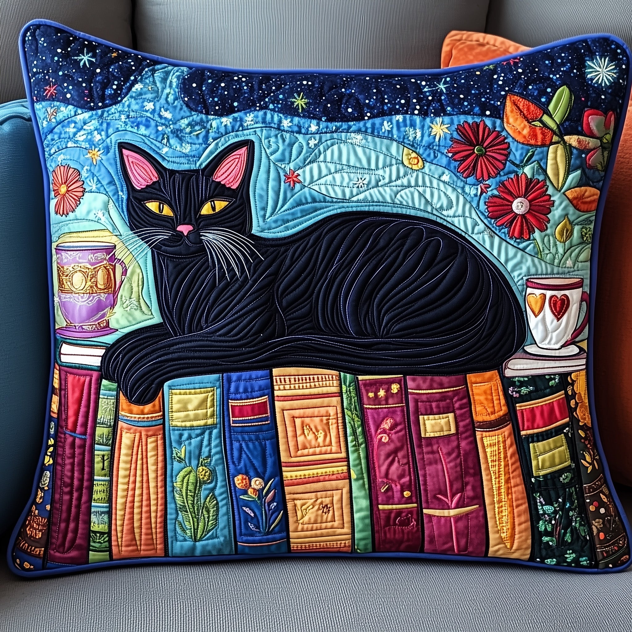 Cat and Book Quilted Pillow Case Throw Pillow Cover ItemChristmas Gifts For Dragonfly Lovers
