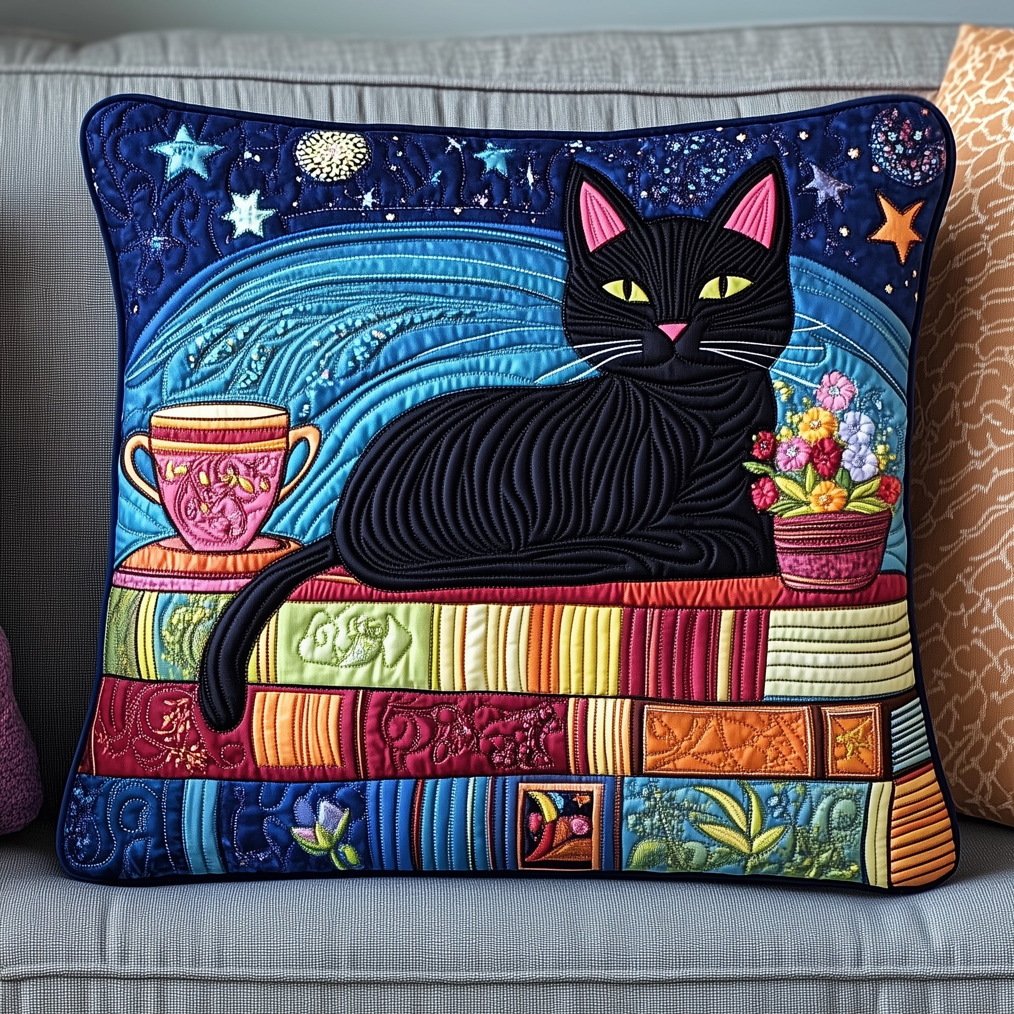 Cat and Book Quilted Pillow Case Throw Pillow Cover ItemDragonfly Gifts For Women