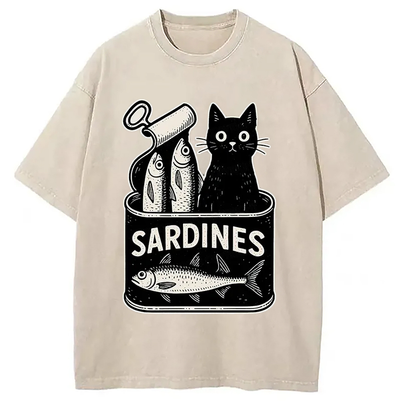Cat And Canned Fish Washed T-Shirt Soft Cotton Daily Wear Tee Gifts For Friends