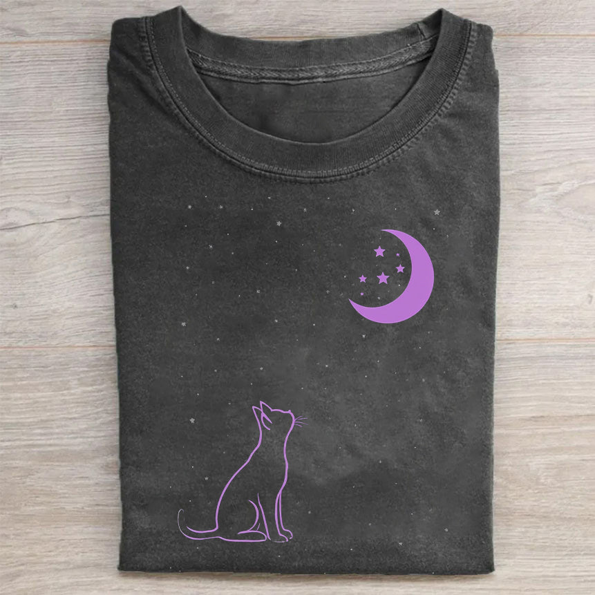 Cat And Crescent Moon Graphic T-Shirt Cute Pet Lovers Merch Best Gift For Cat Owners