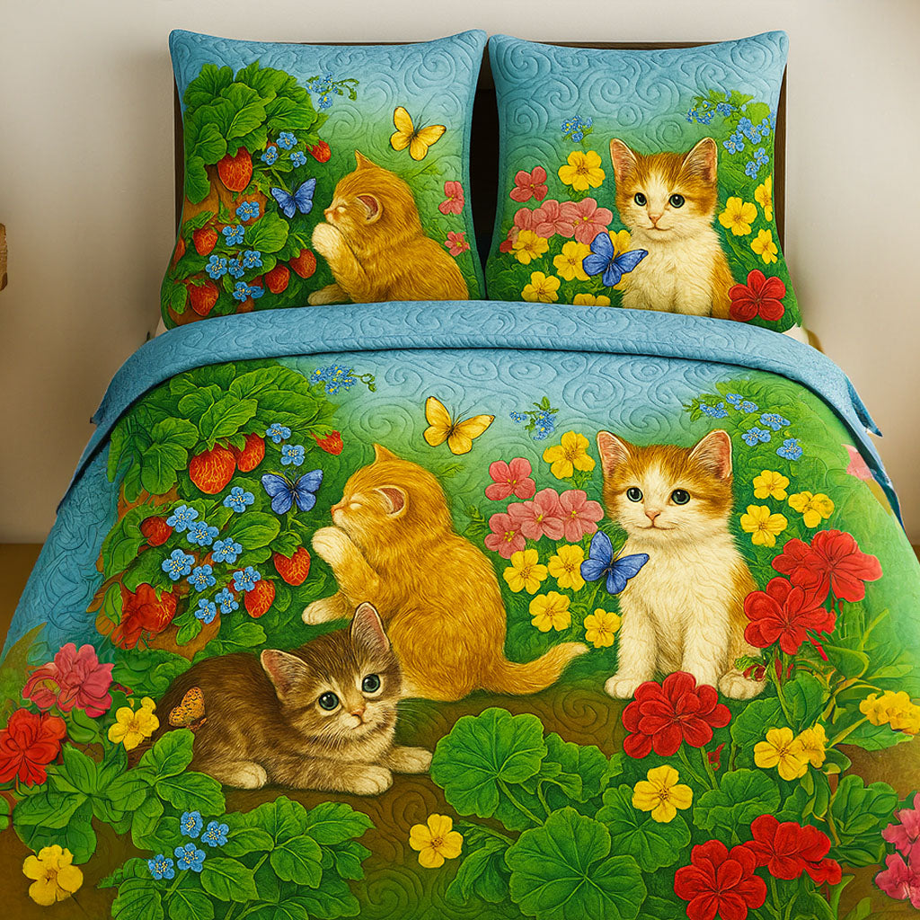 Cat and Flowers Quilted Bedding Set Bed Room Decoration Cat Owner Gifts For Christmas