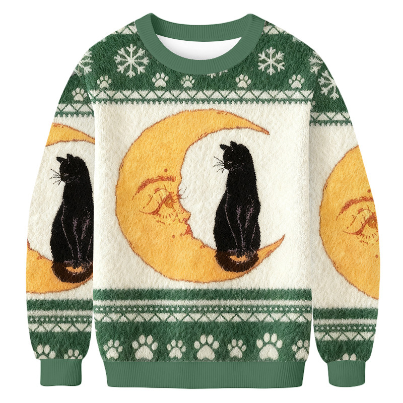 Cat And Moon Christmas Ugly Sweater Xmas Themed Christmas Gifts For Cat Lovers