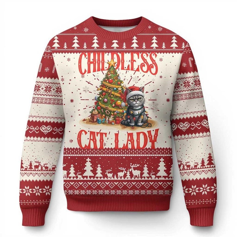 Cat And Pine Tree Childless Cat Lady Ugly Christmas Sweater Cute Holiday Gifts For Cat Lovers