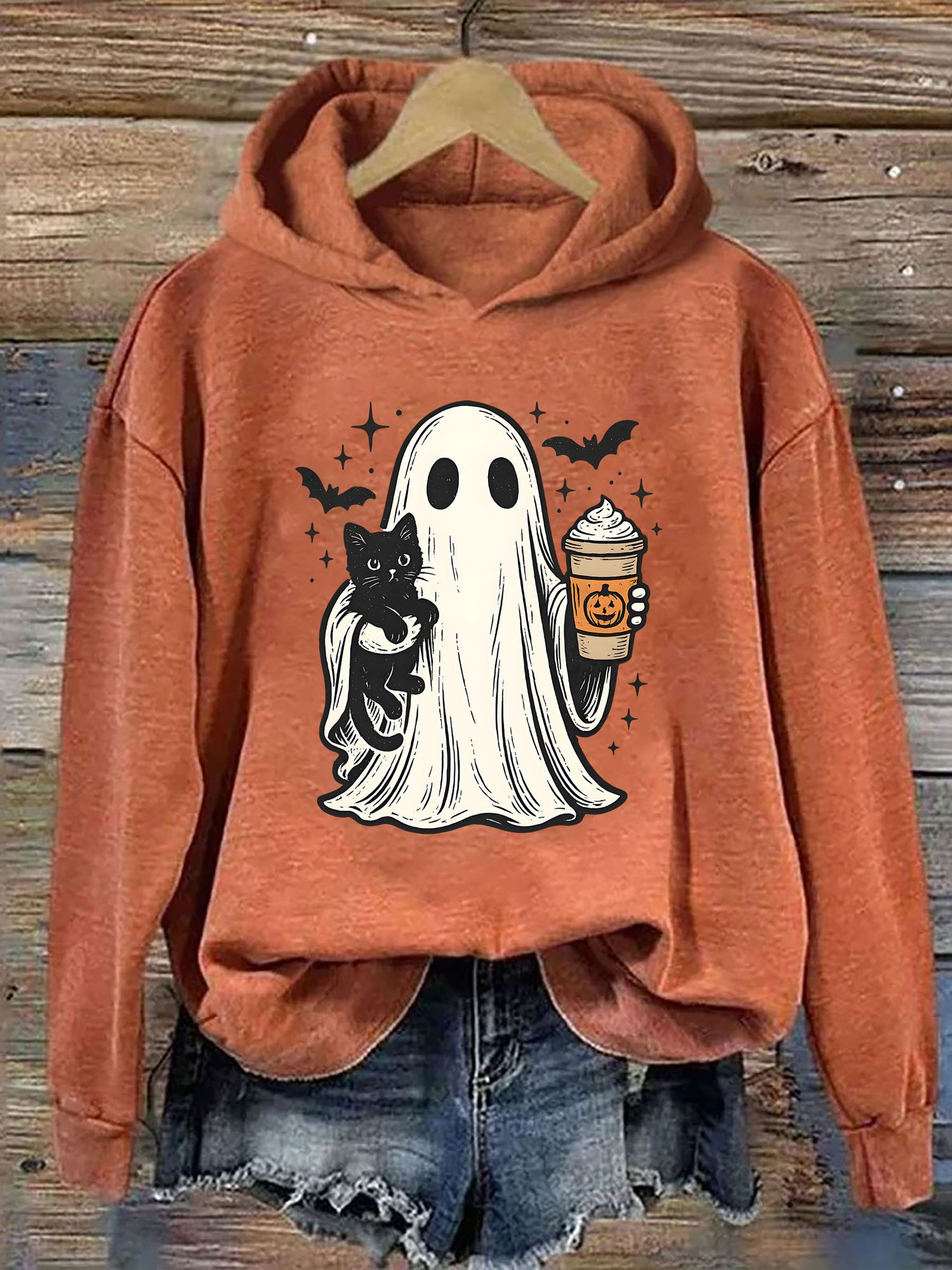 Cat And Pumpkin Spice Ghost Hoodie Halloween Themed Funny Hoodie Cat Owner Gifts