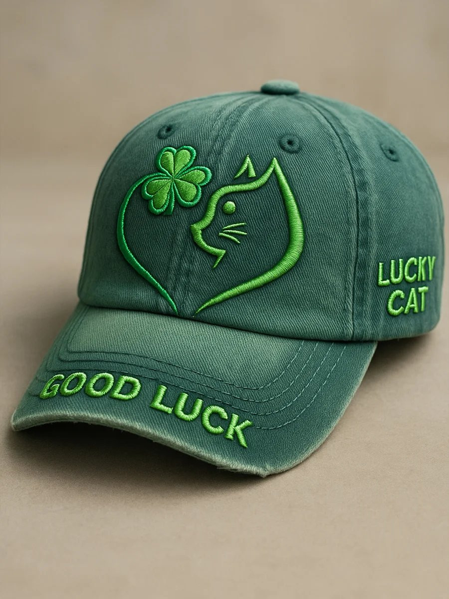 Cat And Shamrock Ireland Happy St Patrick's Day Hat Embroidered Lucky Cat Hat Wife Gifts