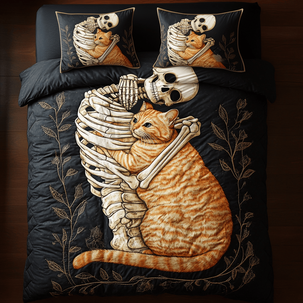 Cat And Skull Always Together Bedding Set Best Halloween Decoration Gift For Friends and Family