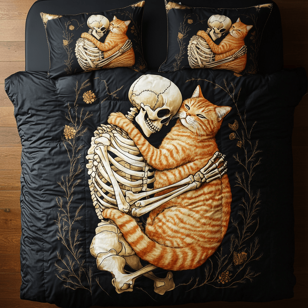Cat And Skull Always With Me Bedding Set Best Halloween Decoration Gift For Friends and Family