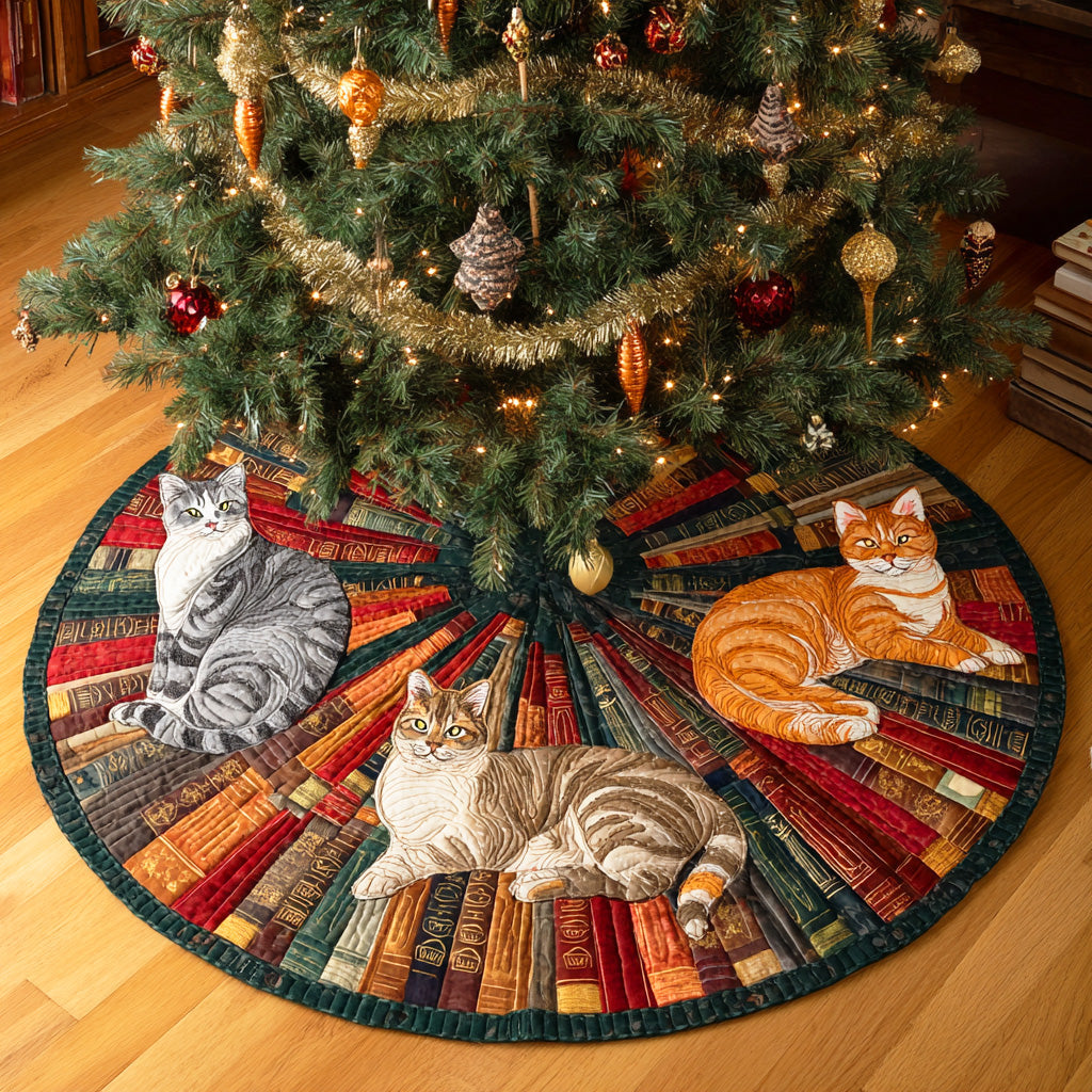 Cat and the Open Tome Christmas Quilted Tree Skirt Cover For Xmas Tree Base Xmas Gifts For Cat Lovers