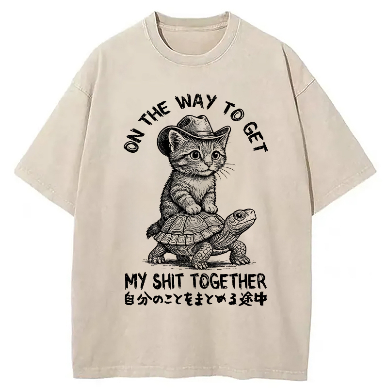 Cat And The Turtle Walking Together Washed T-Shirt Retro Streetwear Graphic Top Gifts For Sister
