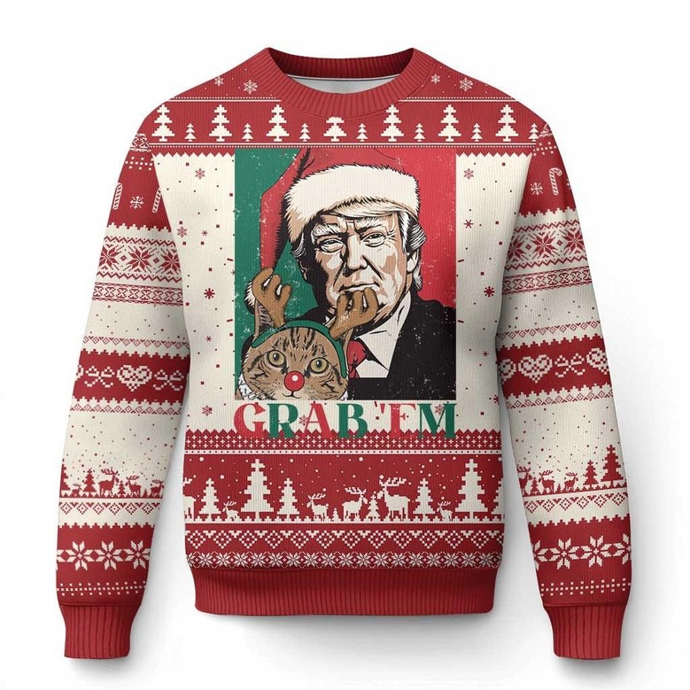 Cat And Trump's Face Grab Em Ugly Christmas Jumper Funny Clothes Trump Supporter Gifts