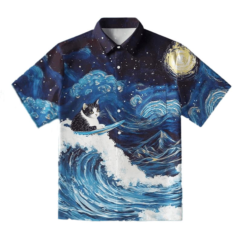 Cat And Waves In The Night Sky Hawaiian Shirt Japanese Art Cat Shirt Gifts For Pet Lovers