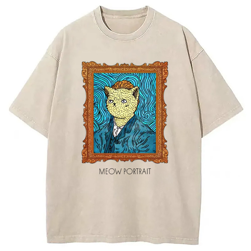 Cat Art Print Self-portrait Washed T-Shirt Retro Humor Outfit Idea Gifts For Sister