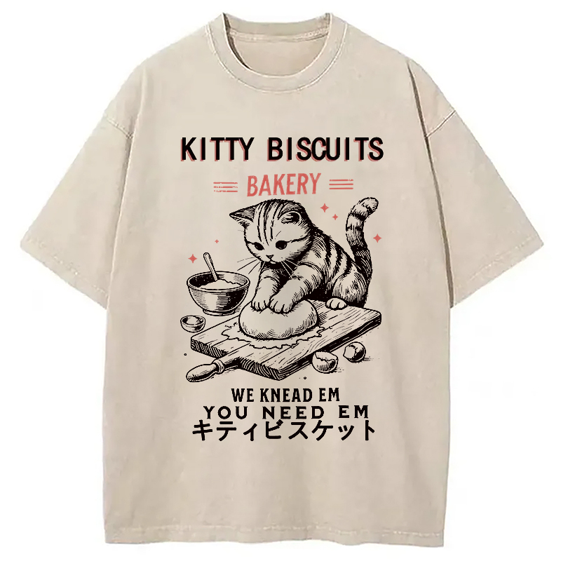 Cat Bakery Washed T-Shirt Casual Vintage Everyday Look Gifts For Him
