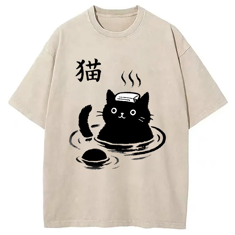 Cat Bathing In Hot Spring Washed T-Shirt Casual Vintage Everyday Look Gifts For Best Friend