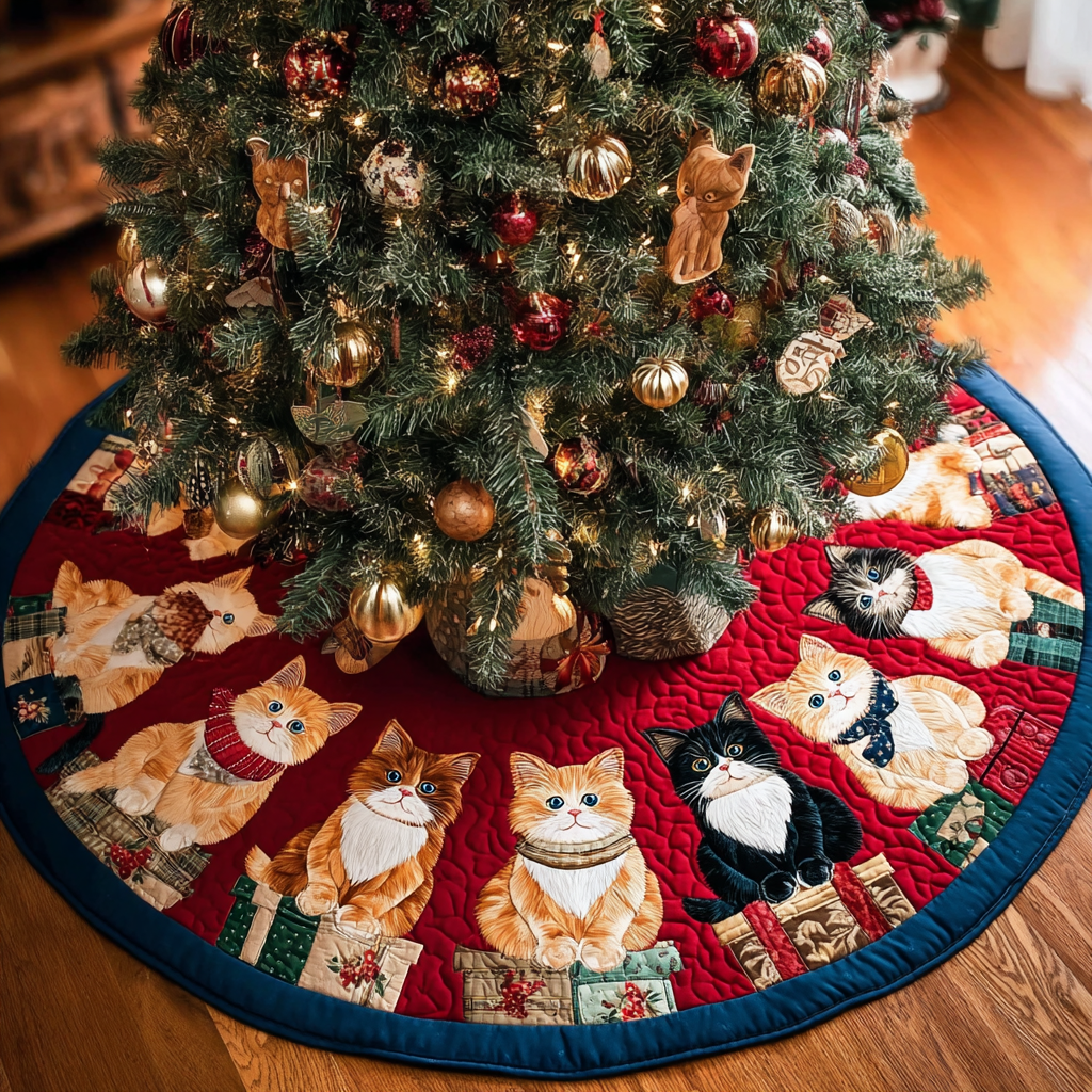 Cat Blessing Christmas Quilted Tree Skirt Perfect Holiday Gift for Home Decor Lovers
