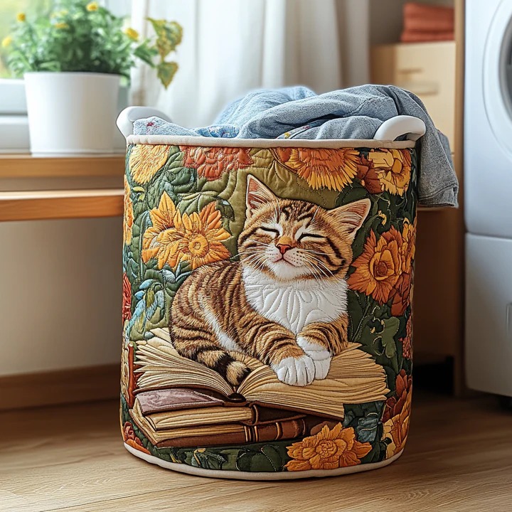 Cat Blossom Floral Quilted Laundry Basket Boho Cat Garden Home Decor Best Gift For Cat Lovers