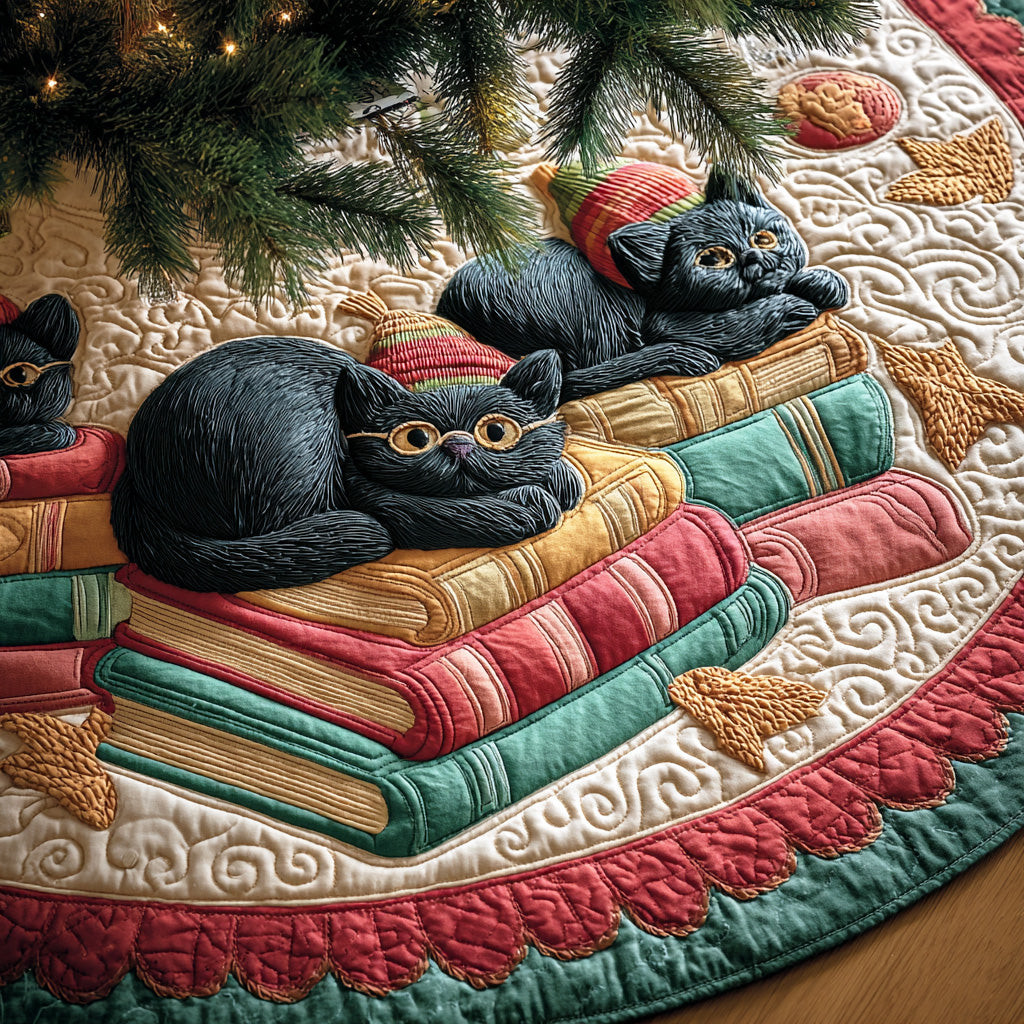 Cat Book Corner Christmas Quilted Tree Skirt Christmas Decor Xmas Gifts For Avid Readers