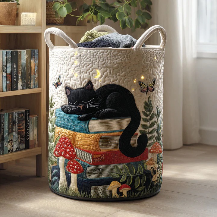 Cat Book Lover Quilted Laundry Basket Black Cat Sleeping On Books Mushroom Gift For Cat Lovers