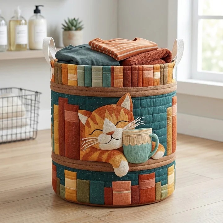 Cat Book Nap Quilted Laundry Basket Reading Room Decor Best Gift For Cat Lovers And Book Readers