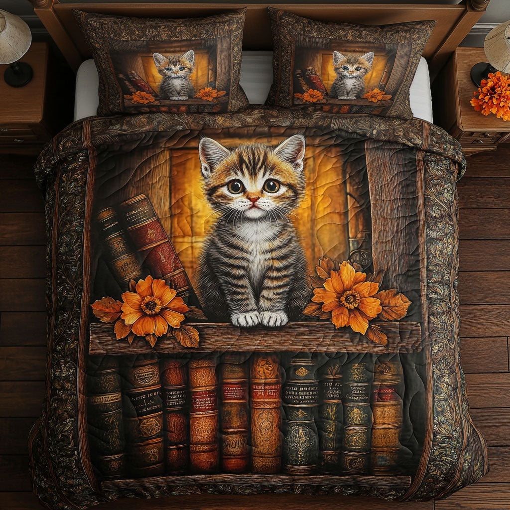Cat Book Nook Quilted Bedding Set Bed Decor Ideas Great Book Lover Gift Ideas