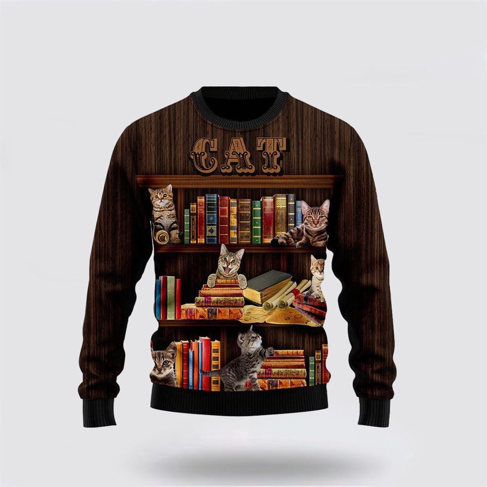 Cat Bookcase Ugly Christmas Sweater Christmas Unisex Sweater Funny Christmas Sweater