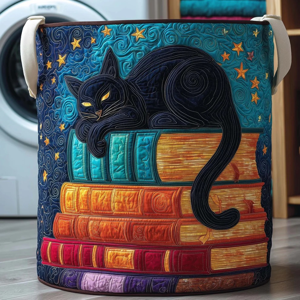 Cat Books Starry Night Quilted Laundry Basket Bookworm Home Decor Best Gift For Cat And Book Lovers