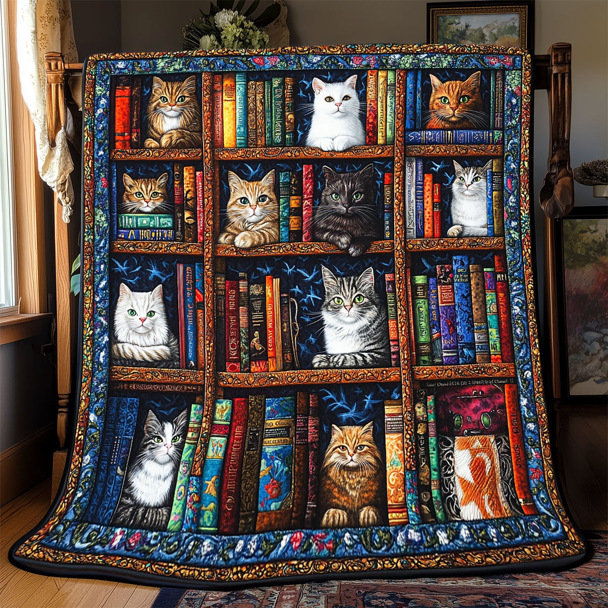 Cat Bookshelf Quilt Blanket Queen Size Blanket Gifts For Mum Christmas