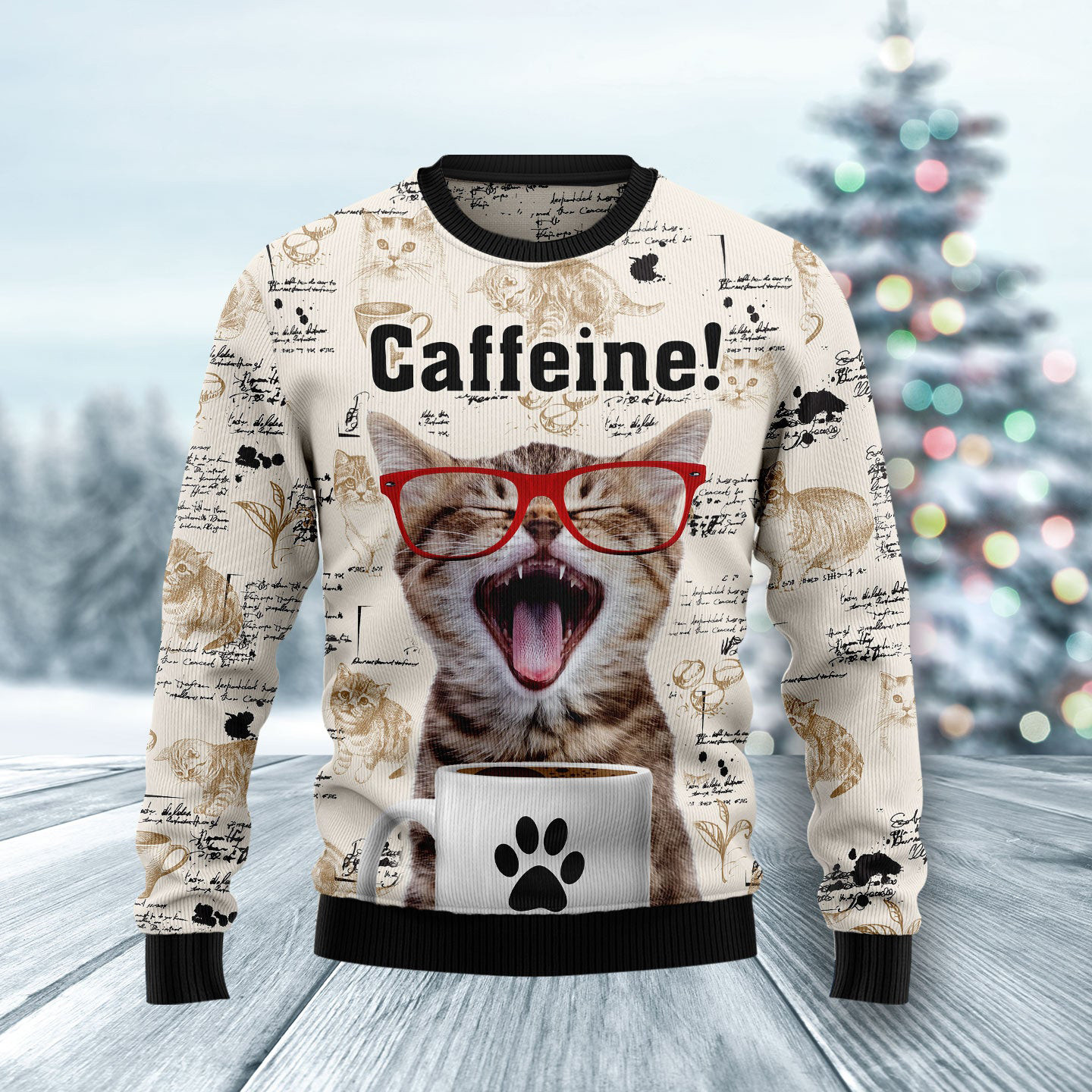 Cat Caffeine Ugly Christmas Sweater Cute Christmas Outfits Cat Lover Christmas Gifts