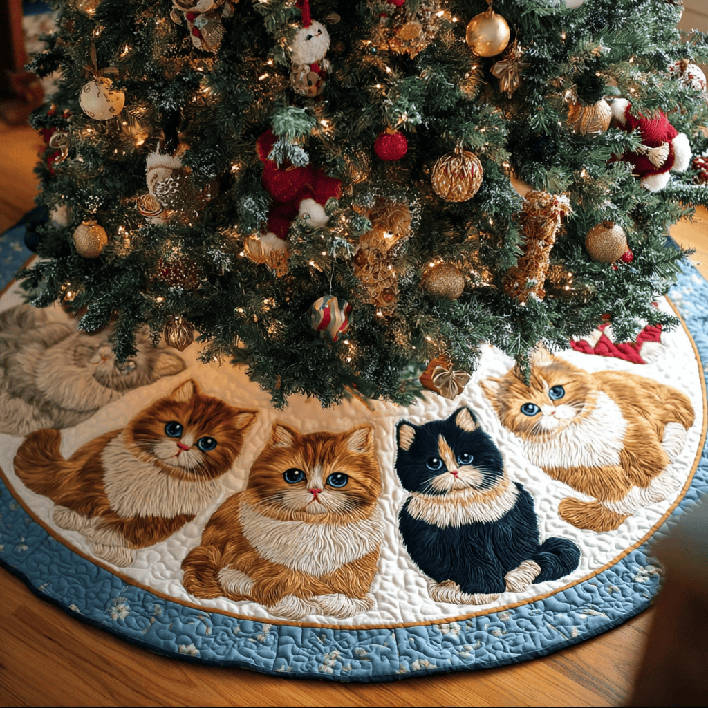 Cat Charm Christmas Quilted Tree Skirt Animal Themed Christmas Gifts For Cat Enthusiasts
