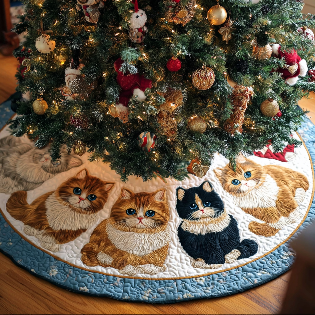 Cat Charm Christmas Quilted Tree Skirt Thoughtful Holiday Gift with Quilted Tree Skirt