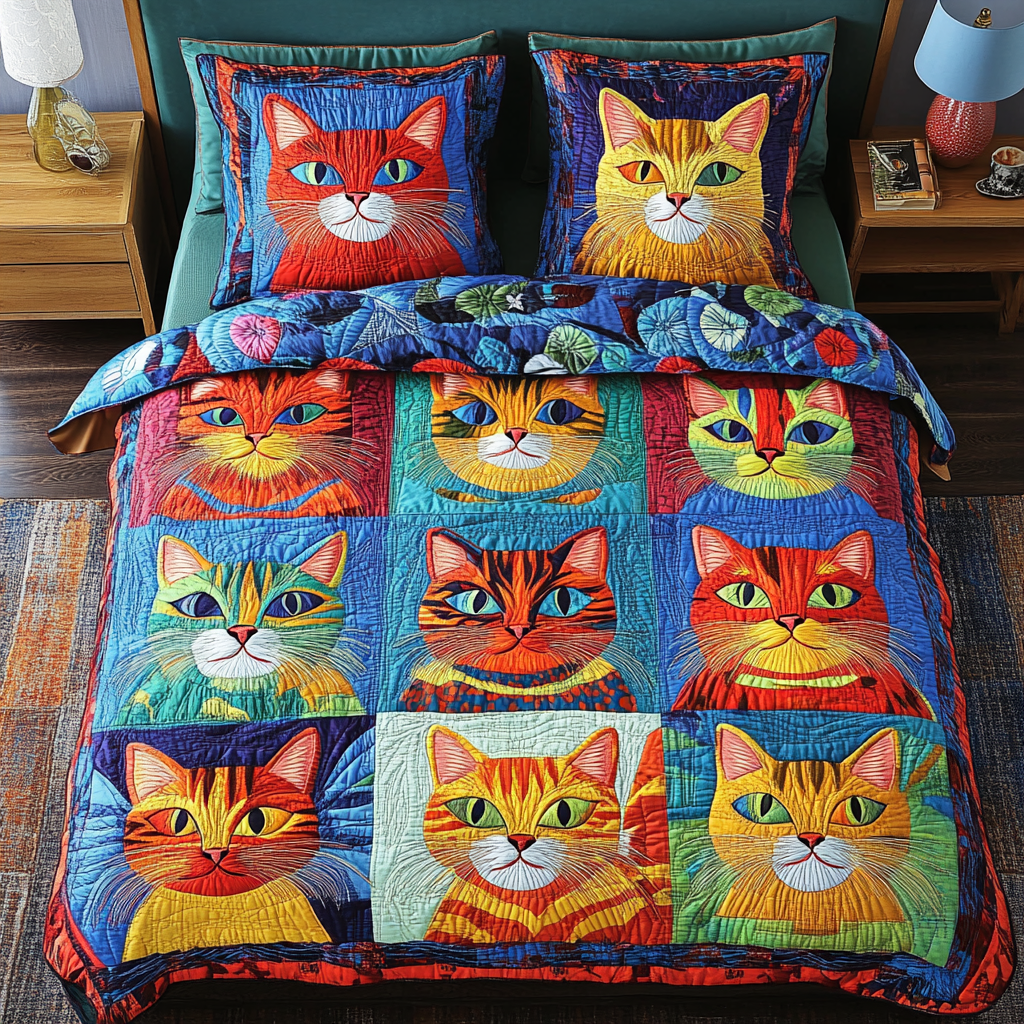 Cat Charm Quilted Bedding Set Bed Room Decoration Xmas Gifts For Cat Lovers