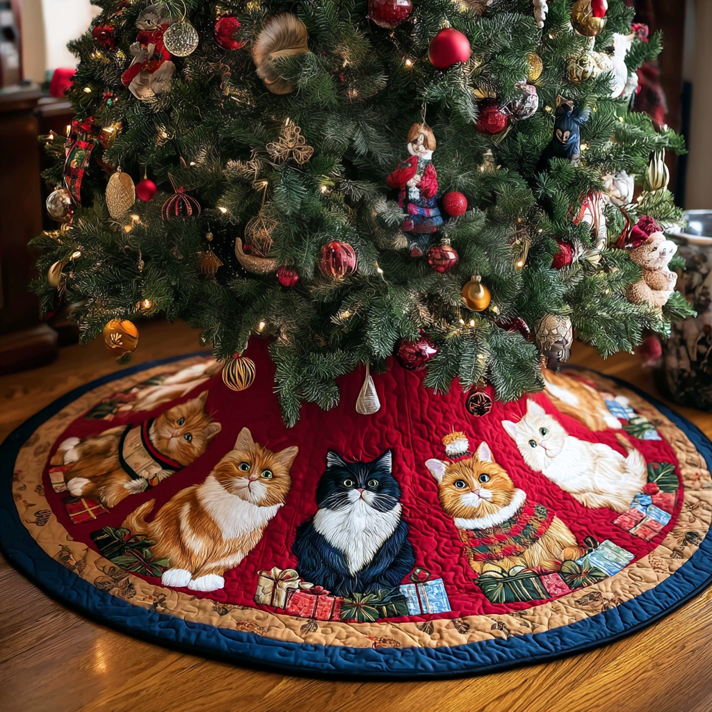 Cat Cheer Christmas Quilted Tree Skirt Lovely Holiday Tree Skirt for Festive Vibes