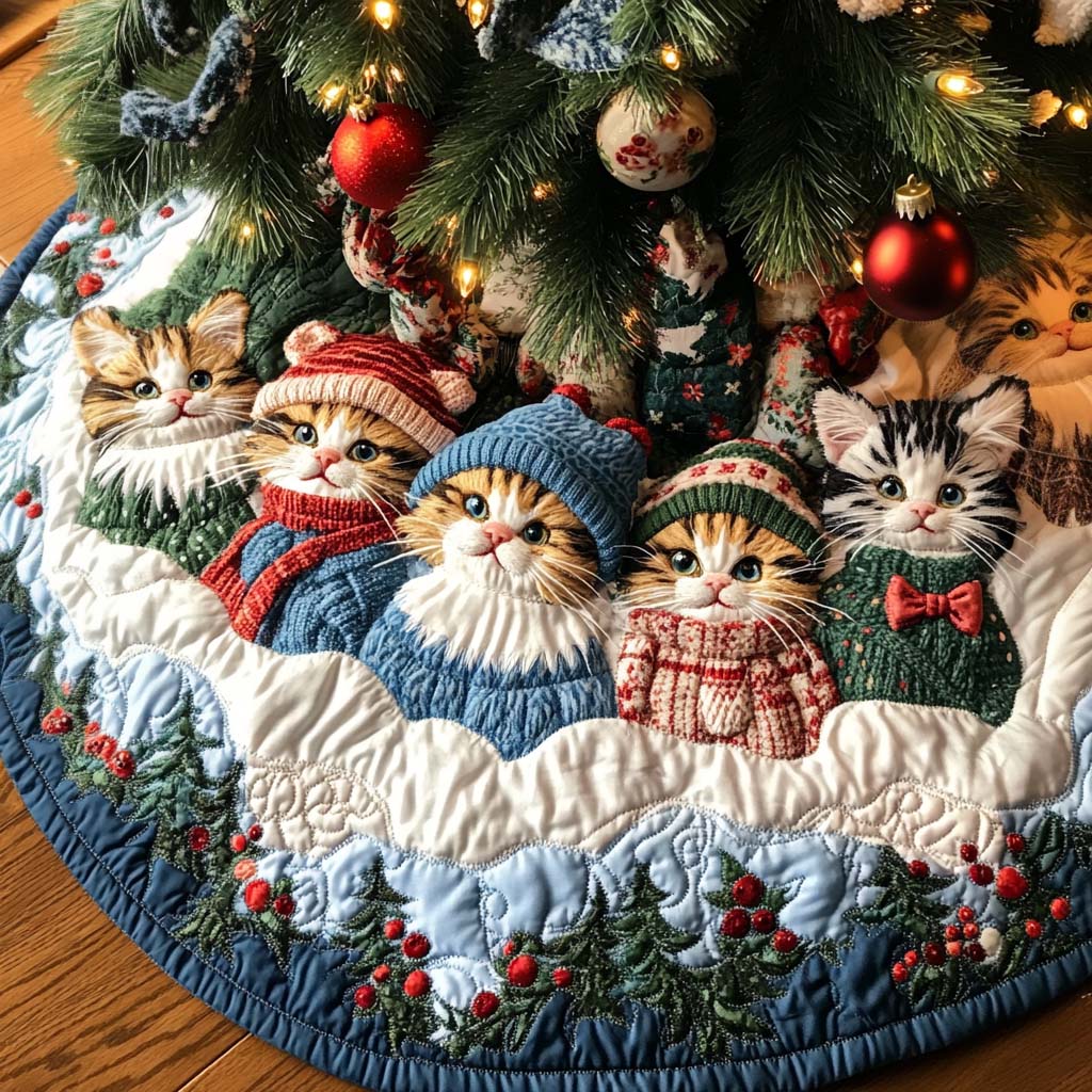Cat Christmas Mood Christmas Quilted Tree Skirt Thoughtful Holiday Decor Gift Featuring Quilted Tree Skirt