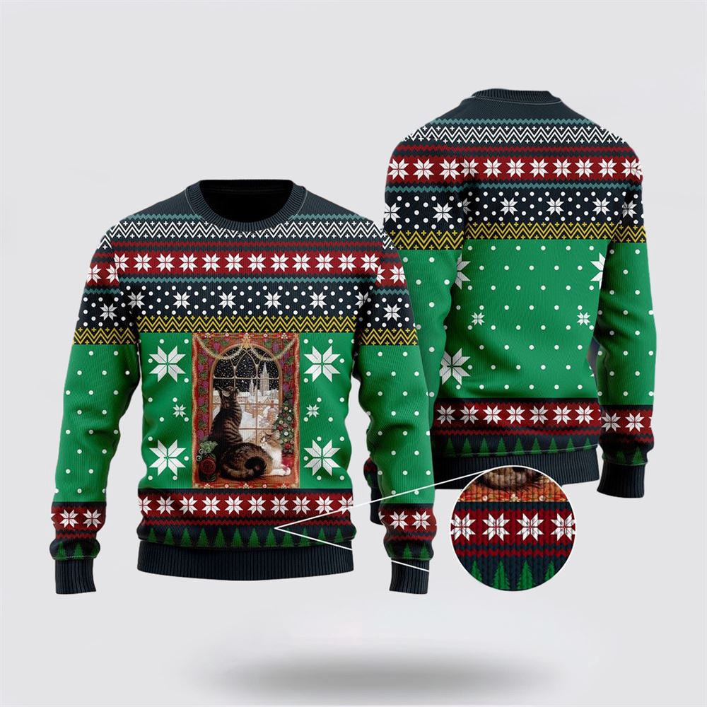 Cat Christmas Snow Window Ugly Christmas Sweater Christmas Unisex Sweater Funny Christmas Sweater